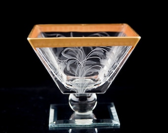 Vintage Floral Etched Glass Gold Rim Pedestal Bowl Candy Dish Elegant