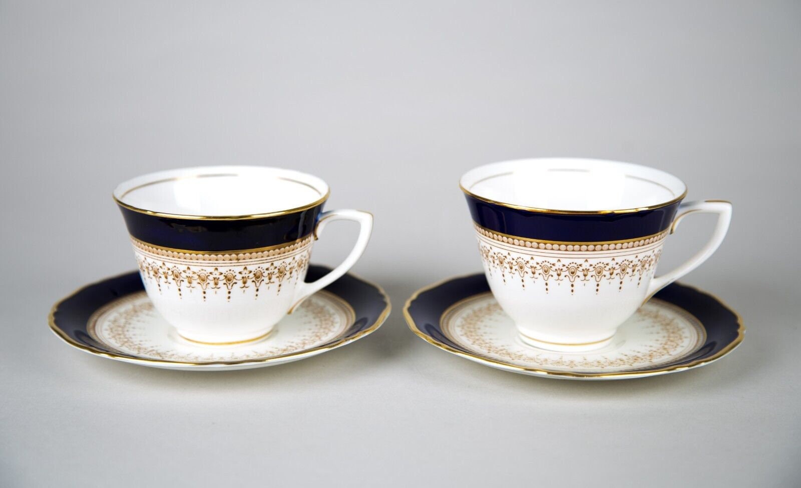 Royal Worcester Regency Blue Cups & Saucers Set of 2 Vintage Bone