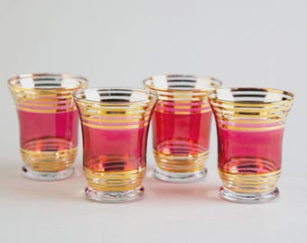 Vintage Cranberry Red Flashed Gold Trim Juice Tumbler Glasses Set of 4 MCM Glass