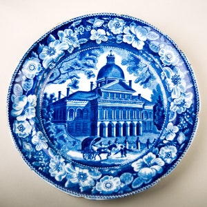 Antique Historical Staffordshire Blue Wild Rose Boston State House Plate c. 1820