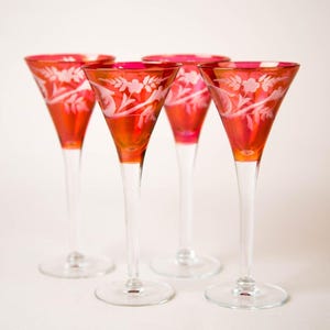 Vintage Iridescent Red Floral Etch Liquor Cordial Glasses Set of 4 Stemware