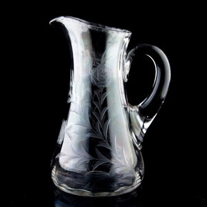 Vintage Blown Glass Optic Pitcher Cut Rose Floral Etch Pattern Polished Pontil