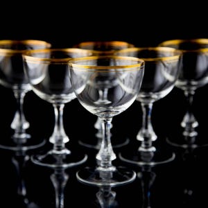 Francis Ruhe Victoria Liquor Cocktail Small Wine Glasses Vintage 1950&#39;s Gold Rim Stemware