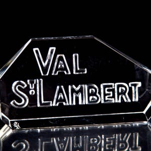 Val St Lambert Dealer Display Sign Paperweight 5&quot; Vintage Crystal Belgium