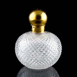 Antique Diamond Point Large Round Perfume Bottle with Hinged Brass Lid