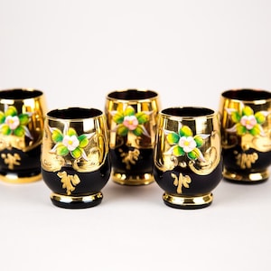 Vintage Murano Purple Art Glass Hand Painted Gold Enamel Flowers Cordial Glasses