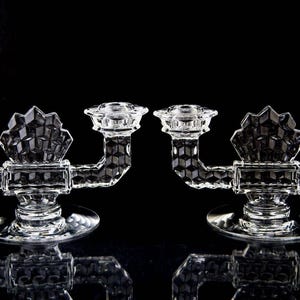Fostoria American Clear Double Flat Candlesticks Set of 2 Vintage Cube Glassware