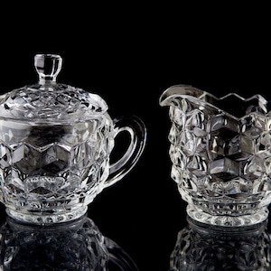 Fostoria American Clear Creamer and Sugar Bowl with Lid Vintage Cube Glass