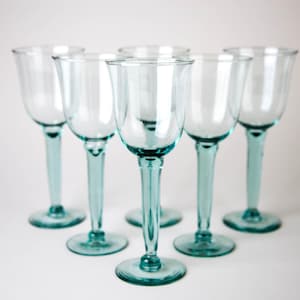 Vintage Mexican Hand Blown Glass Light Green Wine Goblet Glasses Set of 7