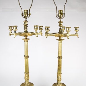 Antique Pair of Bronze Neoclassical Candelabra Lamps Lion Paw Feet Empire Style