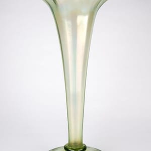 Antique Bohemian Iridescent Glass Tall Light Green Ruffled Trumpet Vase 16&quot;