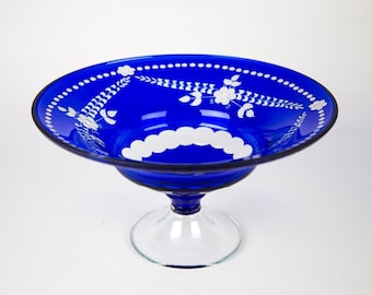 Vintage Cobalt Blue Cut to Clear Crystal Centerpiece Compote Pedestal Bowl 12,5"