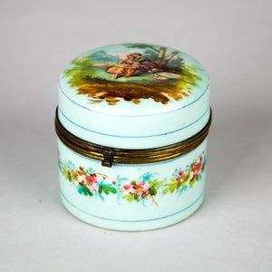 Antique Ceramic Matte Blue Glaze Courting Couple Scene Hinged Trinket Box & Lid