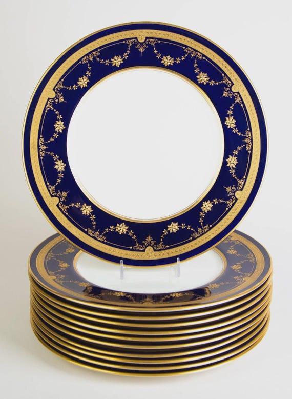 Lenox Cobalt Blue Gold Encrusted B10 Large Dinner Plates Set of 11