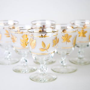 Libbey Golden Foliage Water Goblet Glasses Conjunto de 7 copos vintage Gold Leaf