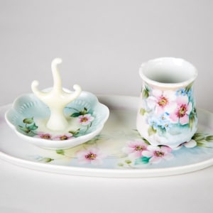 Vintage Hand Painted Floral Porcelain Vanity Dresser Set Ring Holder Tree & Tray