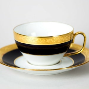 Raynaud Conde Cup & Saucer Cobalt Blue and Gold Handmade Limoges Porcelain France