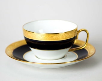Raynaud Conde Cup & Saucer Cobalt Blue and Gold Handmade Limoges Porcelain France