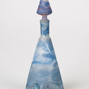Vintage Thin Blown Art Glass Perfume Bottle Blue Gray Swirl Textured & Pinched