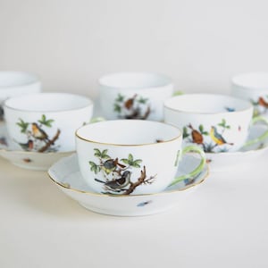 Puede incluir: Un juego de seis tazas y platillos de porcelana blanca. Cada taza y platillo presenta una ilustración detallada de pájaros coloridos posados en ramas con hojas verdes. Los bordes de las tazas están adornados con oro y las asas son verdes.