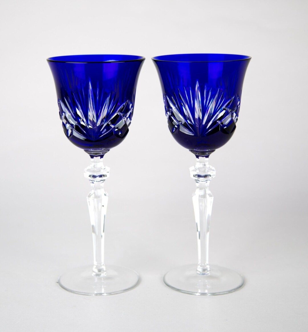 Gorham Cherrywood Cobalt Blue Cut to Clear Hock Wine Glasses Set of 2
