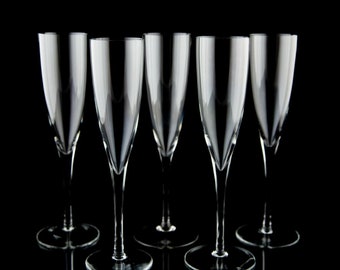 Vintage Fluted Champagne Glasses Set of 5 Clear Plain Blown Crystal Stemware