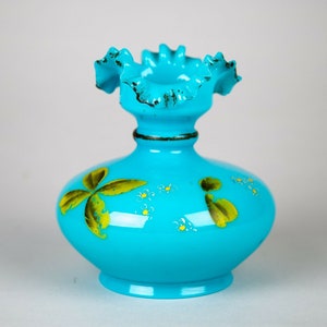 Antique Victorian Blue Opaline Glass Hand Painted Vase
