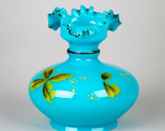 Antique Victorian Blue Opaline Glass Hand Painted Vase