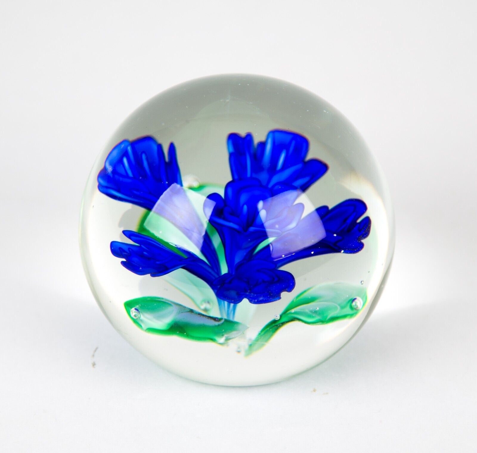 ヴィンテージ 大型アートガラス ペーパーウェイト 青い花 緑の葉