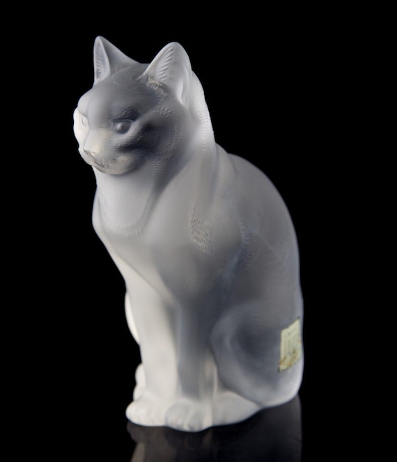 Lalique Sitting Cat Frosted Crystal Figurine Large Sculpture