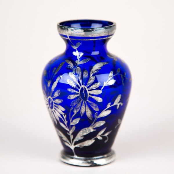 Antique Cobalt Blue Silver Overlay Posy Violets Vase Small 4"