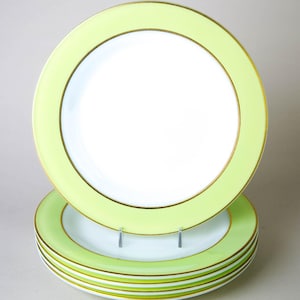 Pyrex Lime Green Band Gold Trim Dinner Plates Set of 5 Vintage