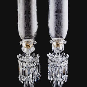 Baccarat Medallion Hurricane Candle Lamps W/ Bobeche & 12 Crystal