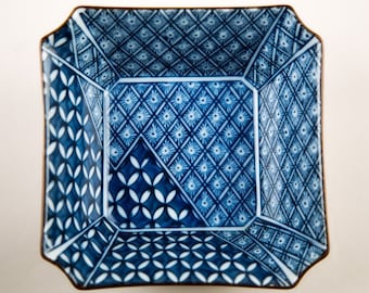 Fitz & Floyd Blue Mosaic Square Dish Porcelain Bowl 5" Signed