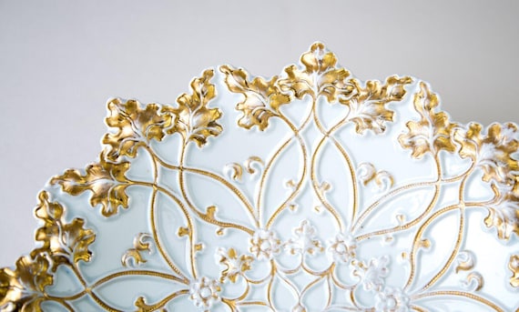 Antique Meissen Gilt Porcelain Embossed Leaf Cabinet Plate Charger