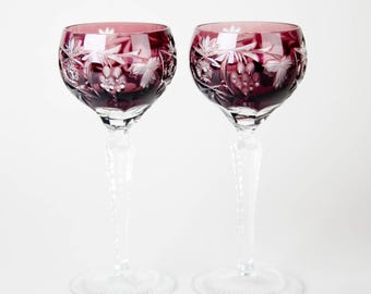 Juego de 2 copas de vino Nachtmann Traube Amethyst Purple Hock de cristal vintage de Alemania