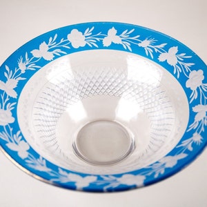 Antique Bohemian or French Blue Flash Floral Etch Cut Glass Bowl