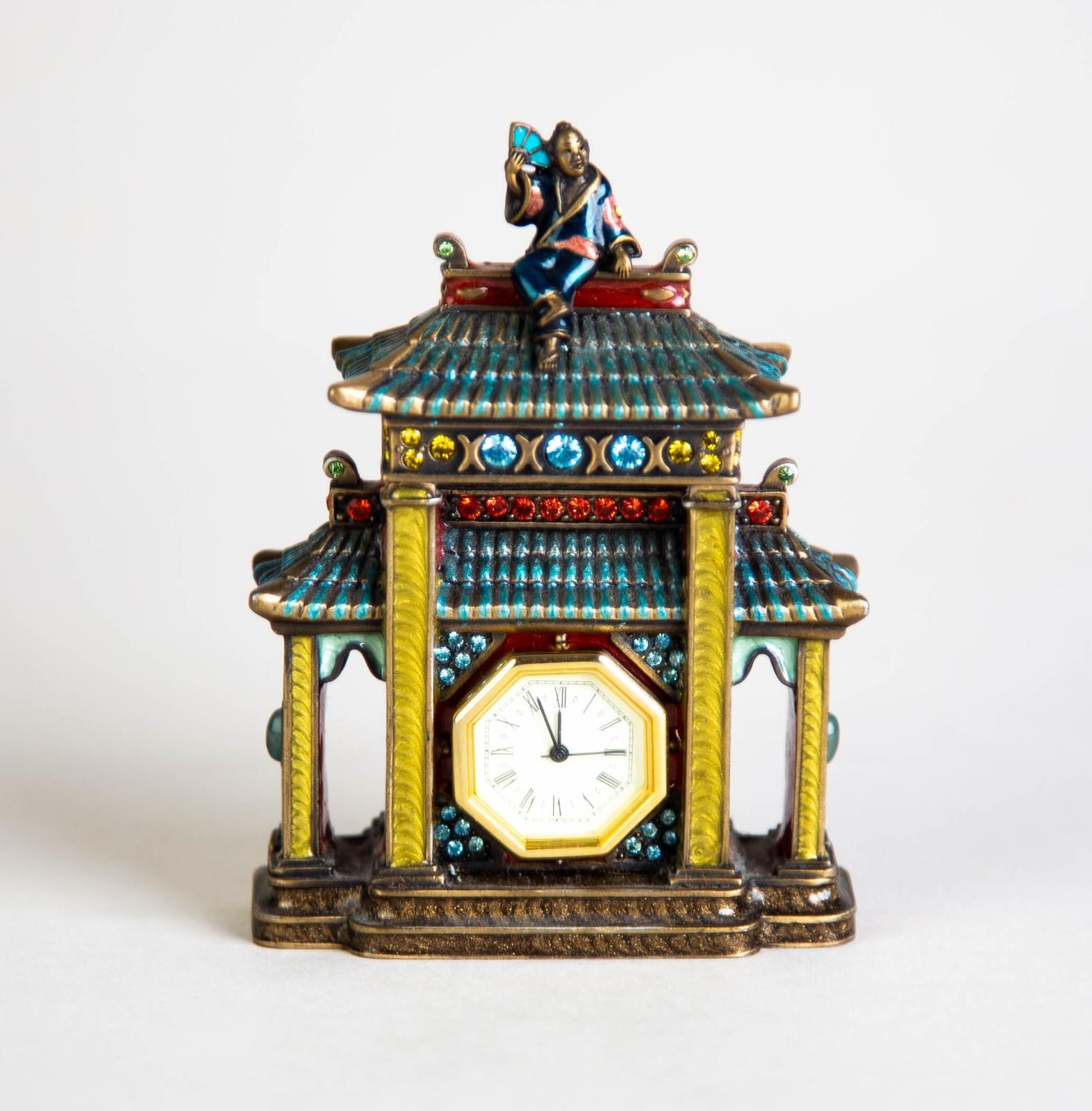 Jay Strongwater Oriance Chinoiserie Pagoda Clock Enamel With