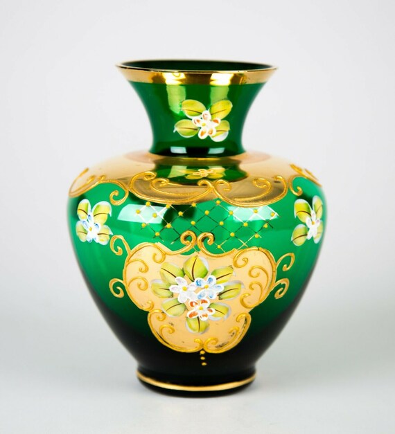 CZECH BOHEMIA GREEN Glass Small Vase wEnamel Flowers