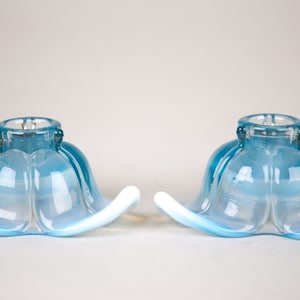 Duncan & Miller American Way Leaf Candlesticks Set Blue Opalescent Vintage Glass
