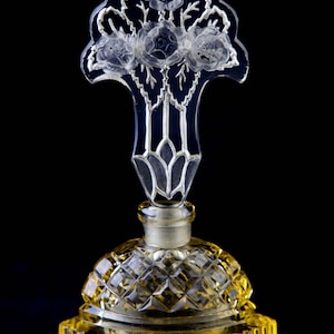 Vintage Czechoslovakia Art Deco Yellow Intaglio Perfume Bottle Roses Signed