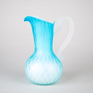 Antique Victorian Art Glass Blue Satin MOP Diamond Quilted Pitcher Ewer Jug