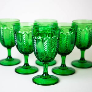 Antique US Glass Florida Green Herringbone Water Goblet Glasses Set of 6 EAPG