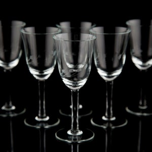 Vintage grau geschnitten Schnaps Cocktail Gläser, Set von (6), geometrische Platz Floral Etch Stemware