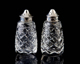Waterford Glandore Salt & Pepper Shakers Silverplate Lids Vintage Crystal Signed