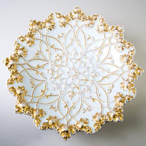 Antique Meissen Gilt Porcelain Embossed Leaf Cabinet Plate Shallow Bowl