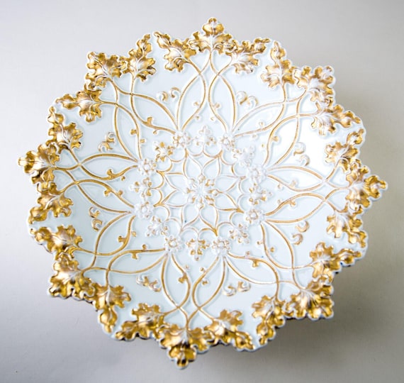 Antique Meissen Gilt Porcelain Embossed Leaf Cabinet Plate Charger