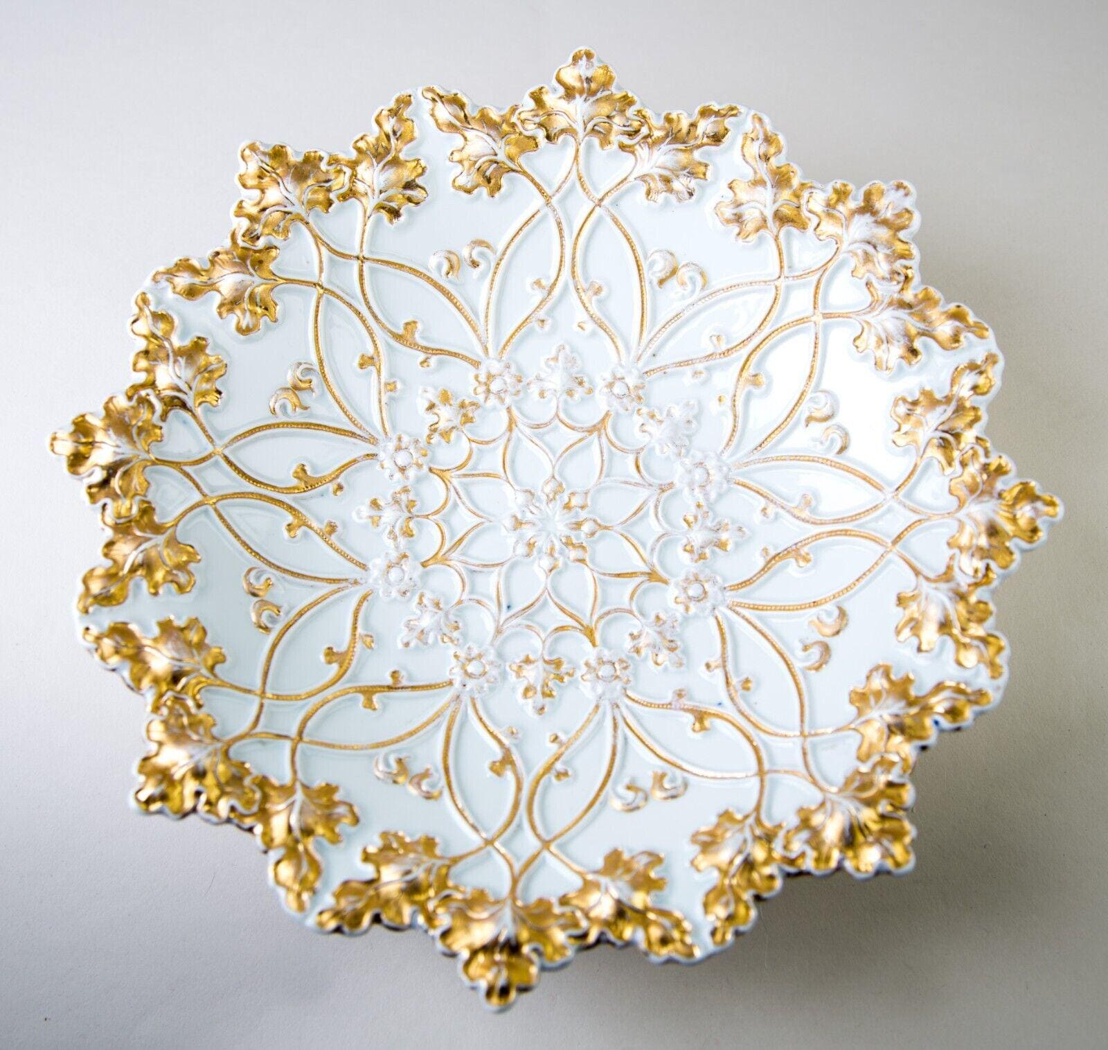 Antique Meissen Gilt Porcelain Embossed Leaf Cabinet Plate Charger