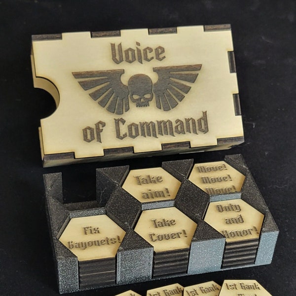 Guard Order token set | 10th edition | Voice of Command ability tokens | Custom Wargaming tokens with case and organizer | 40k Tokens