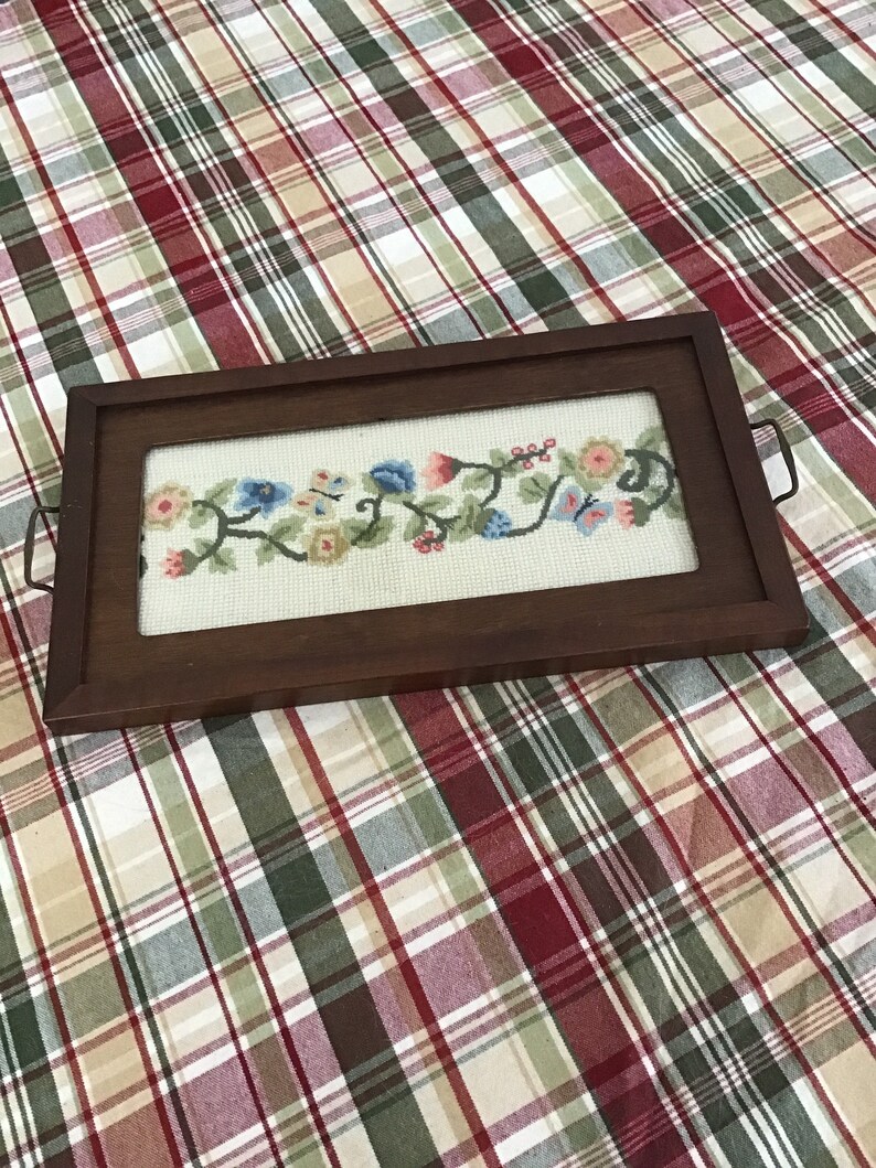 Vintage Needlepoint Serving Tray with wooden frame and handles.